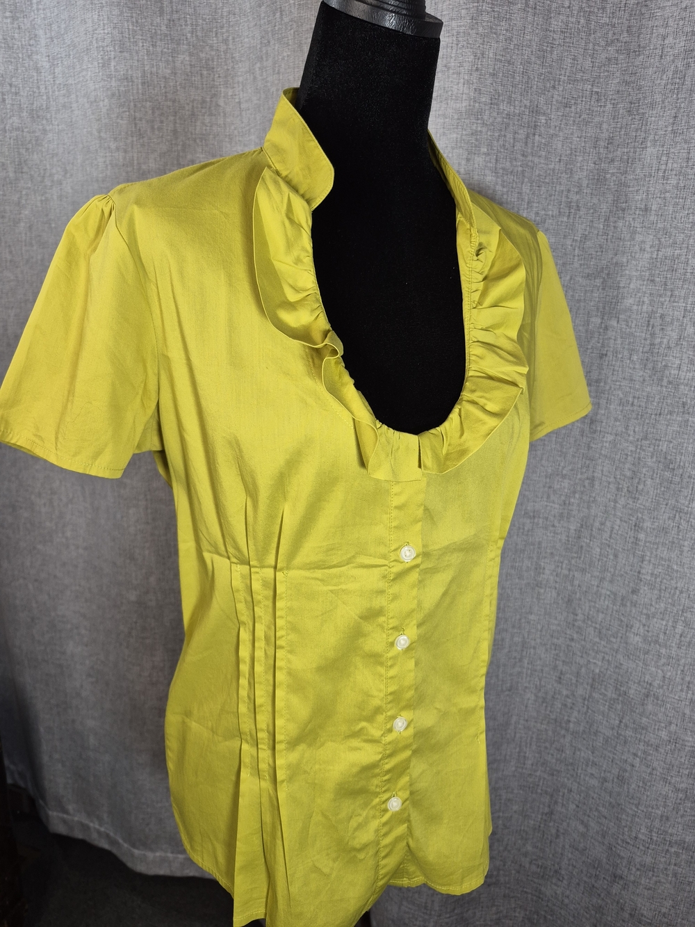 Banana Republic Ruffle Neck Stretch Cotton Blend Blouse Green Yellow Size Medium
